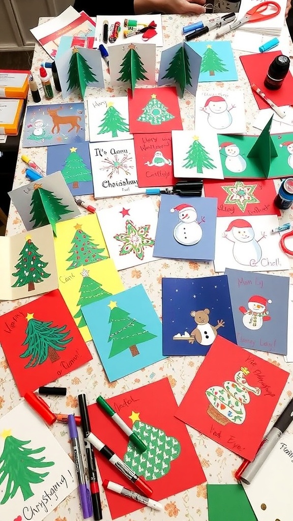 A collection of vibrant handmade Christmas cards with various designs on a crafting table.